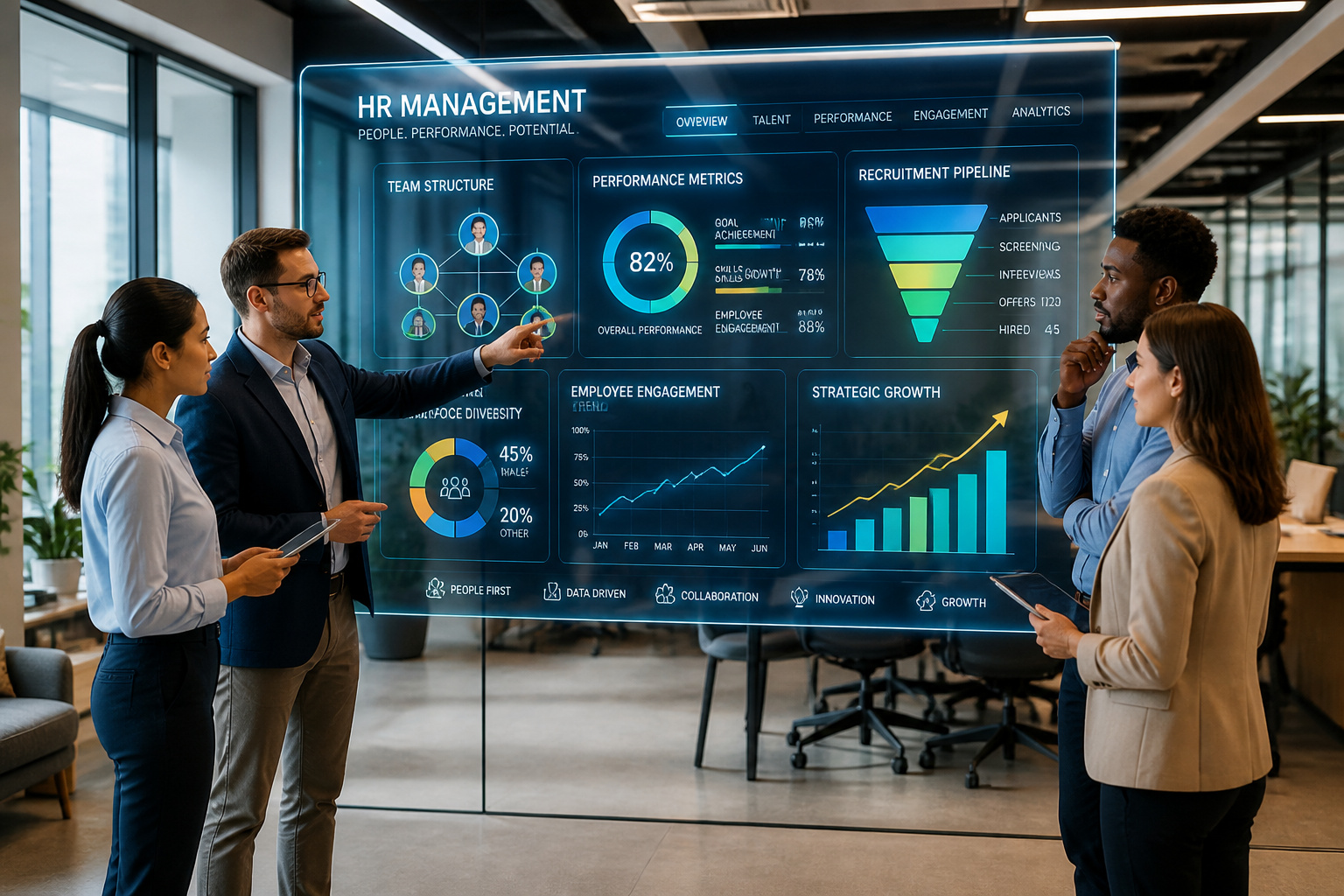Equipe rh analysant des donnees sur un ecran holographique