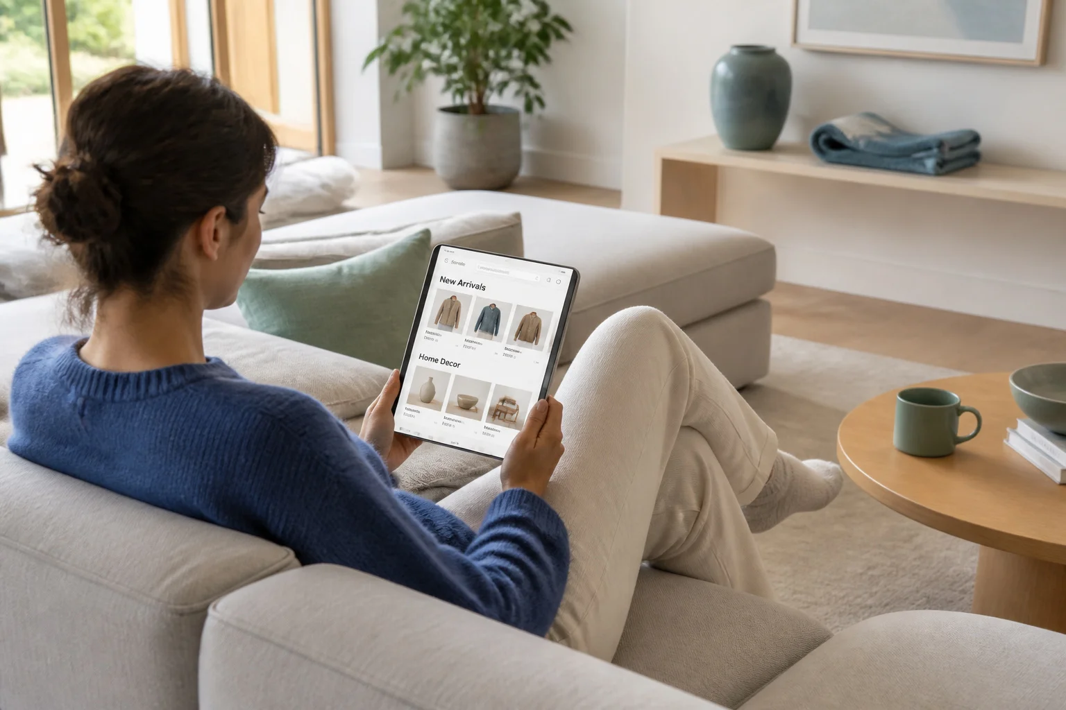 Achat en ligne confortable dans un salon moderne
