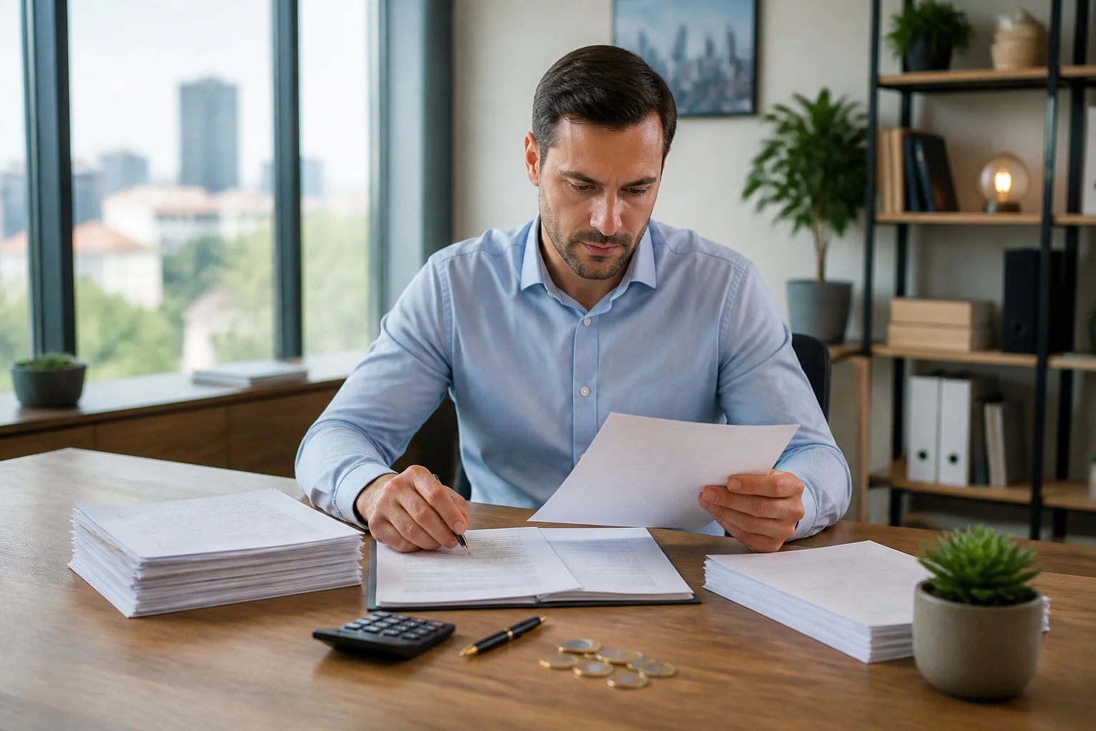 Homme daffaires concentre sur ses documents