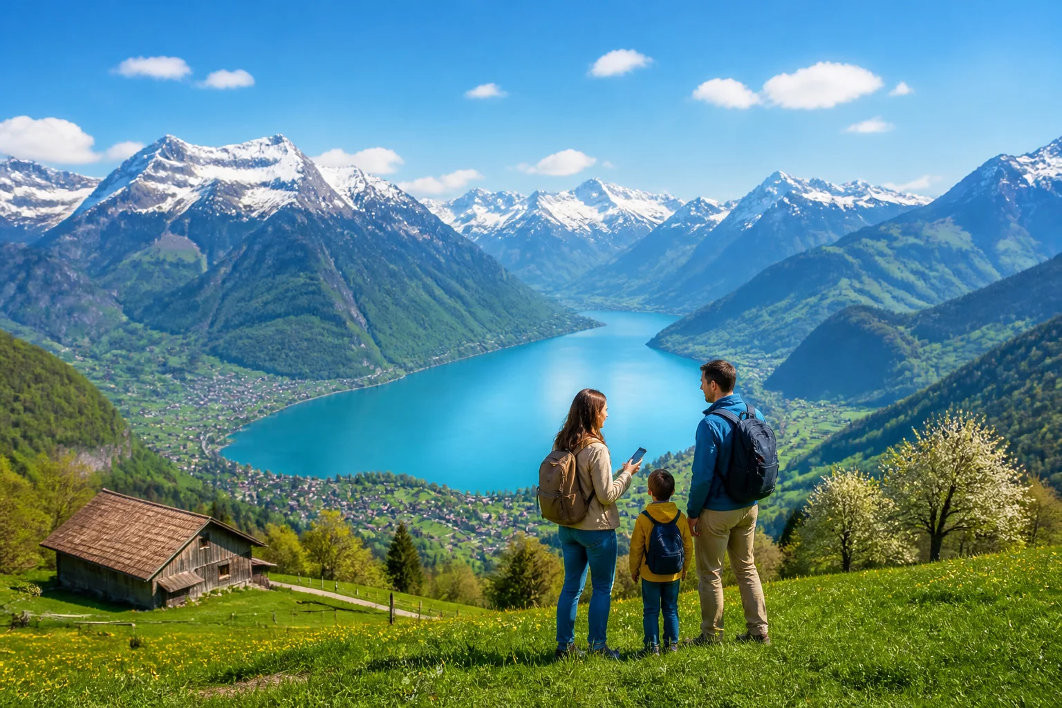 Famille admirant les alpes suisses